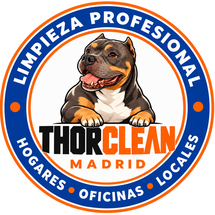 THORCLEAN Madrid: logo circular con perro, aro azul y bordes naranjas